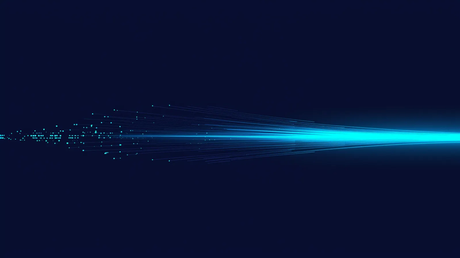 Sparse early pixels flowing rightward into a continuous river of light, an abstract data timeline