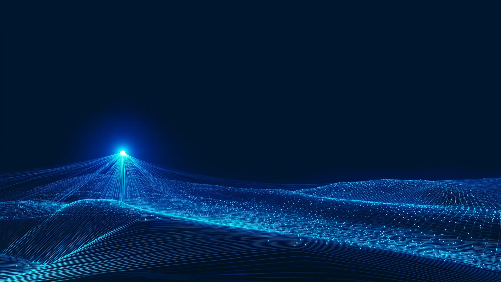 A dark neural mesh of glowing nodes connected by blue light filaments around one radiant core