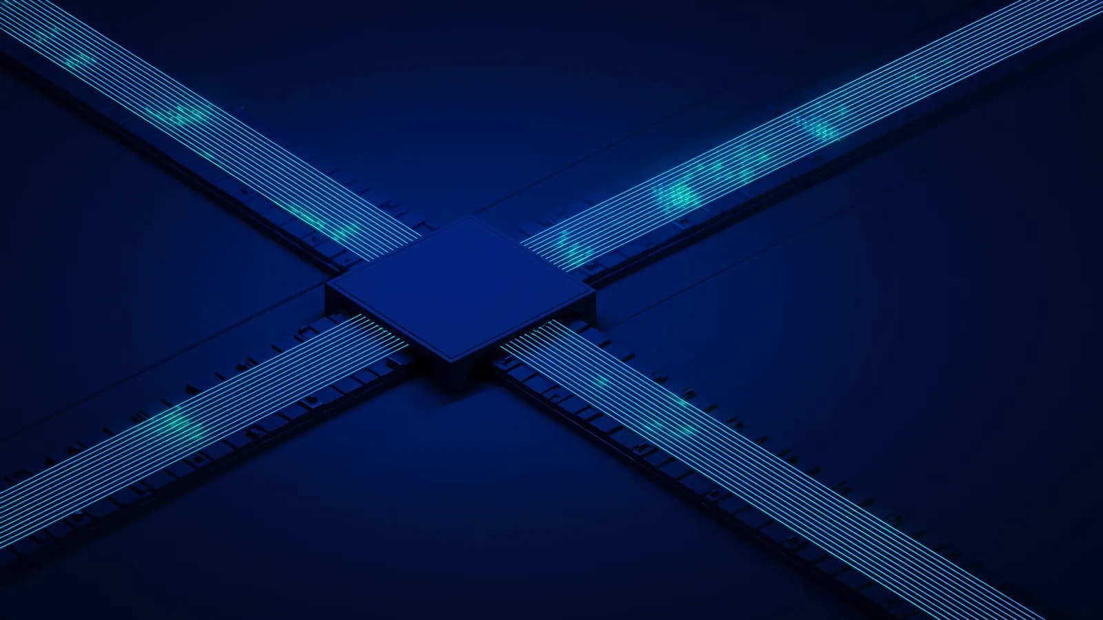 Streams of glowing units flowing and splitting at luminous decision junctions